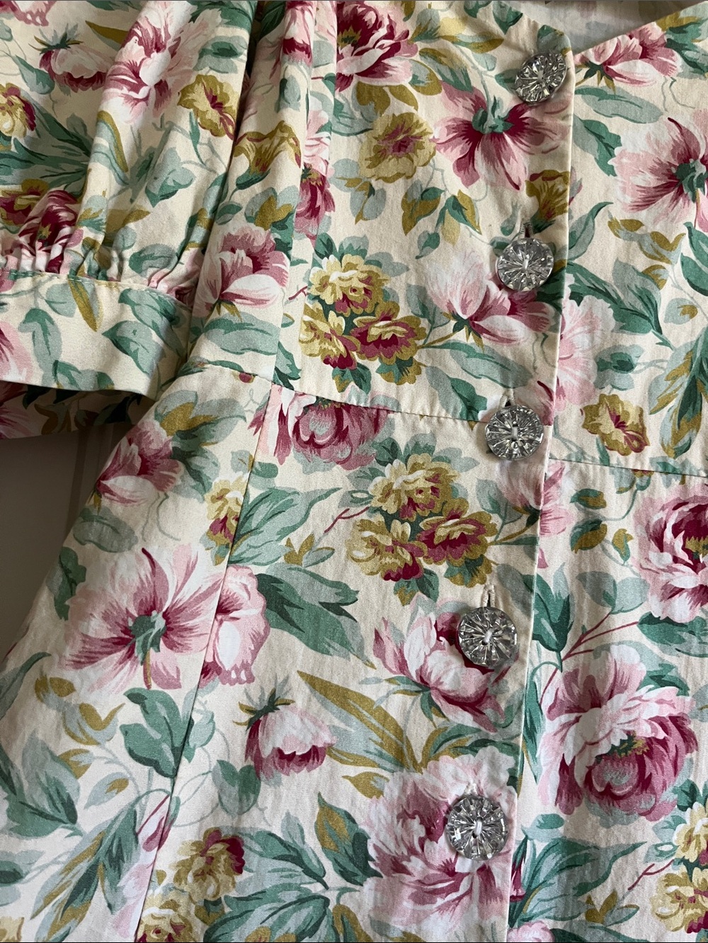 ASOS Puff Sleeve Floral Button-Front Midi Dress in Pink, Green & Cream - Picture 12 of 16